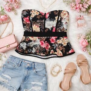 Black Floral Corset Top Large L Strapless Cropped Peplum | Fashion Magazine